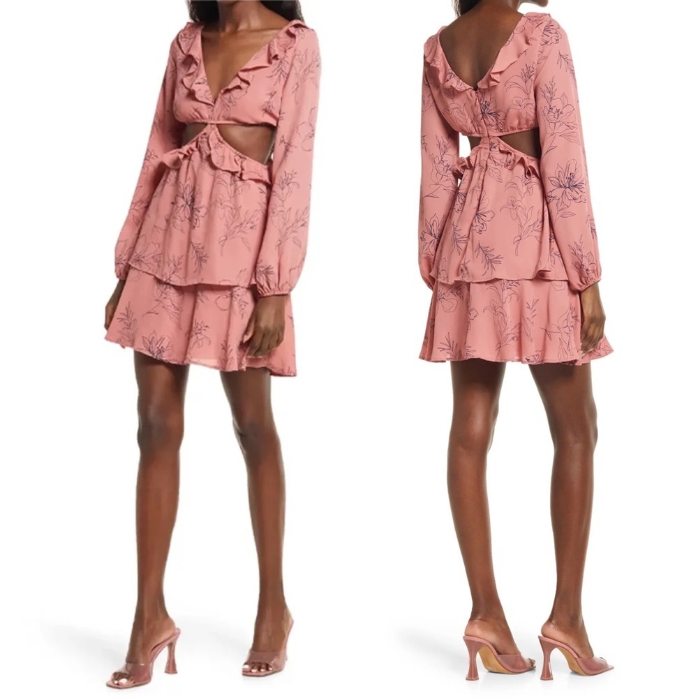 NEW Nordstrom‎ Cut Out Long Sleeve Ruffle Mini Dress Pink Floral Size XS Boho